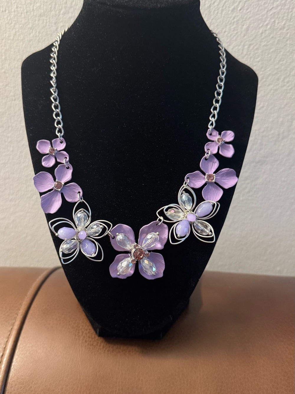 Purple and silvertone flower statement necklace with beads and rhinestones